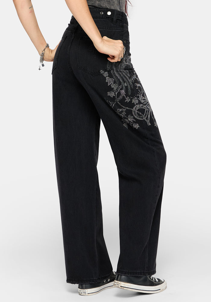 Phoenix Print Wide Leg Denim Jeans
