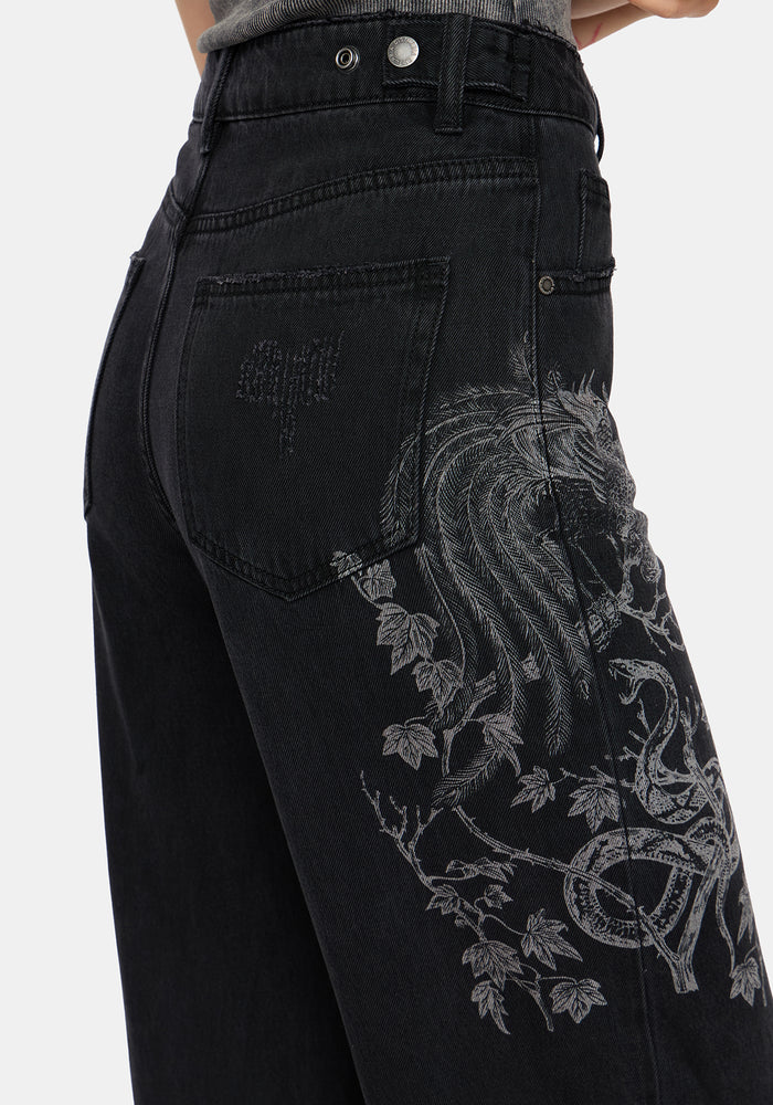 Phoenix Print Wide Leg Denim Jeans
