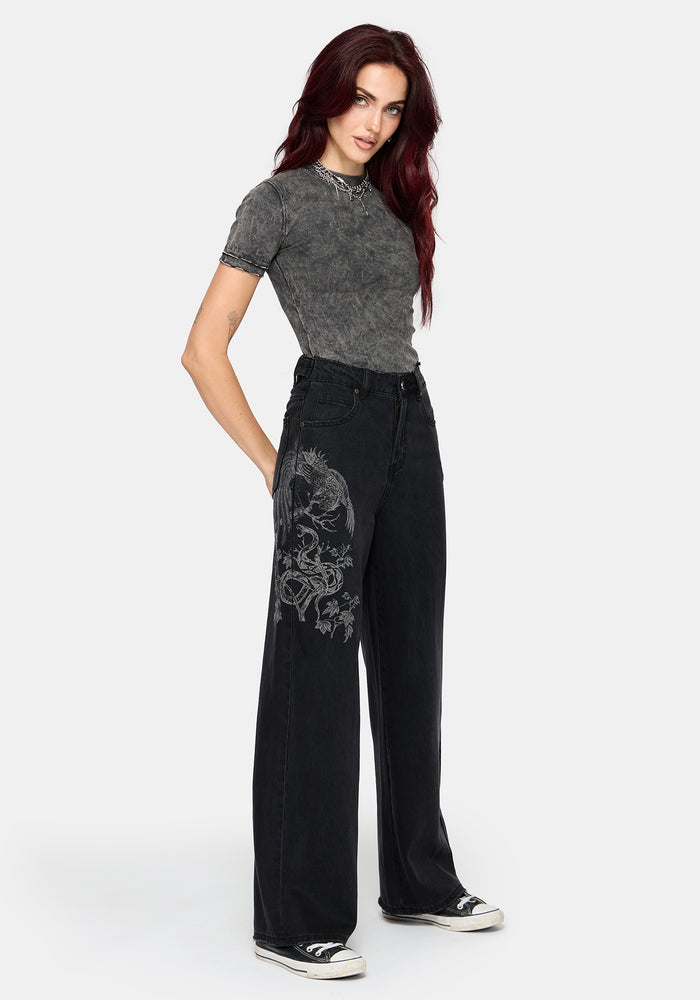 Phoenix Print Wide Leg Denim Jeans