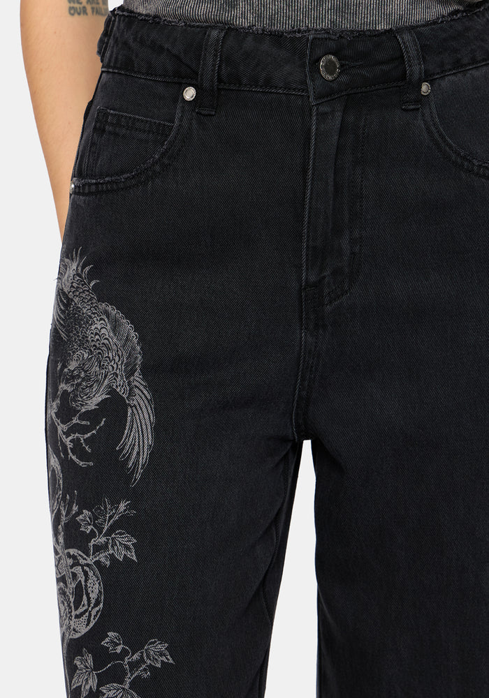 Phoenix Print Wide Leg Denim Jeans