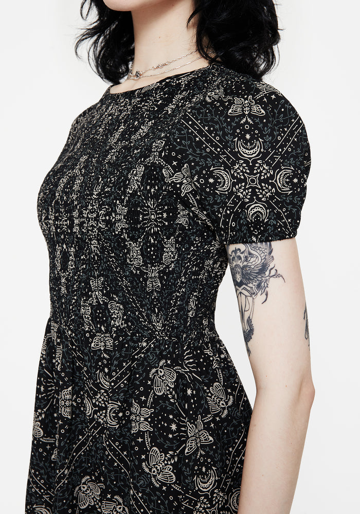 Poem Moth Printed Puff Sleeve Mini Dress