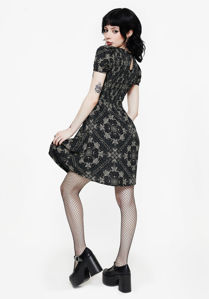 Poem Moth Printed Puff Sleeve Mini Dress