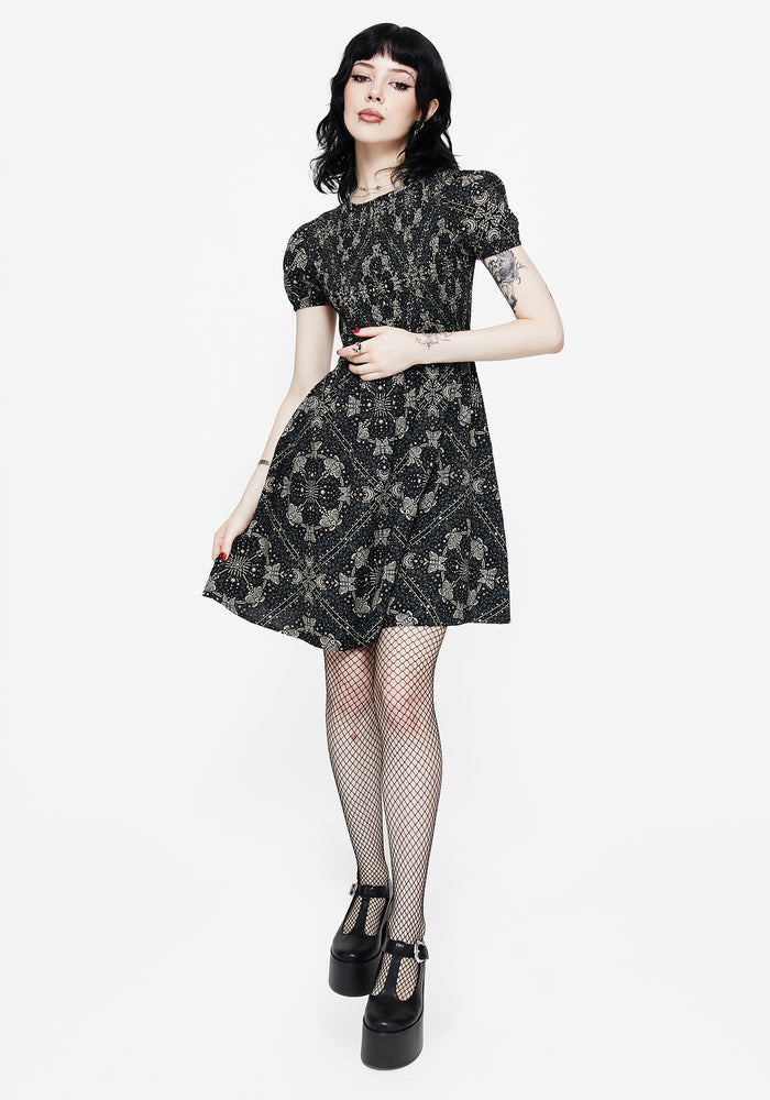 Poem Moth Printed Puff Sleeve Mini Dress