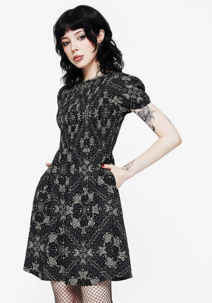 Poem Moth Printed Puff Sleeve Mini Dress