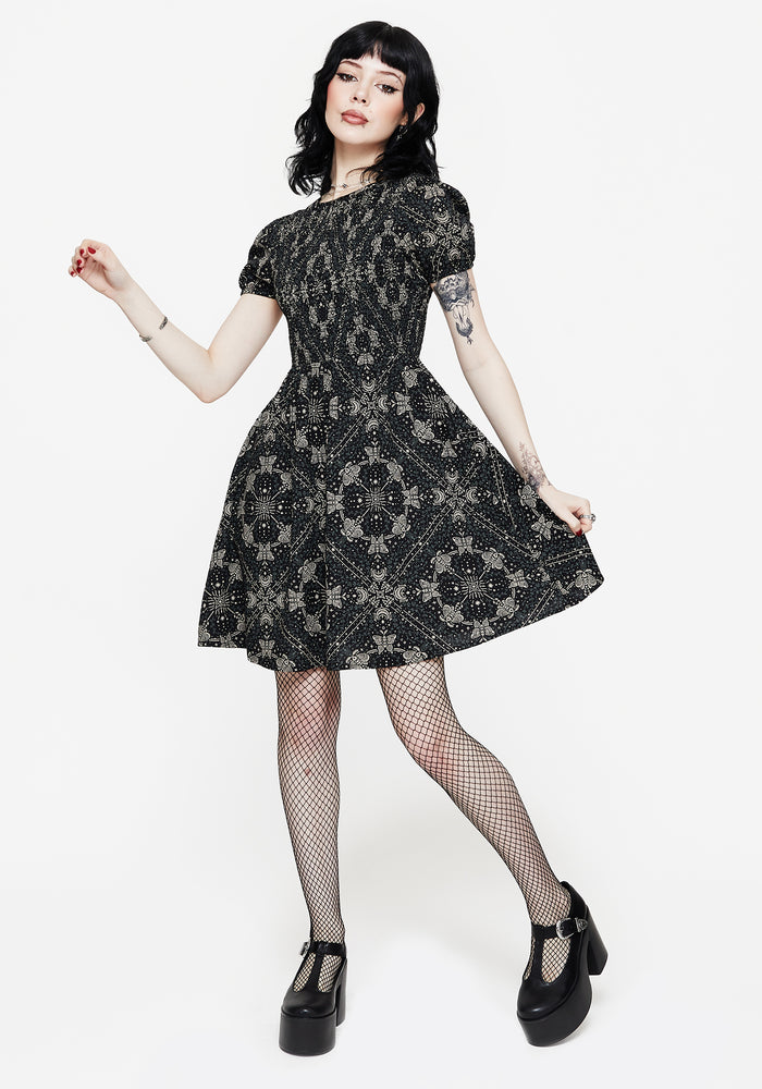 Poem Moth Printed Puff Sleeve Mini Dress