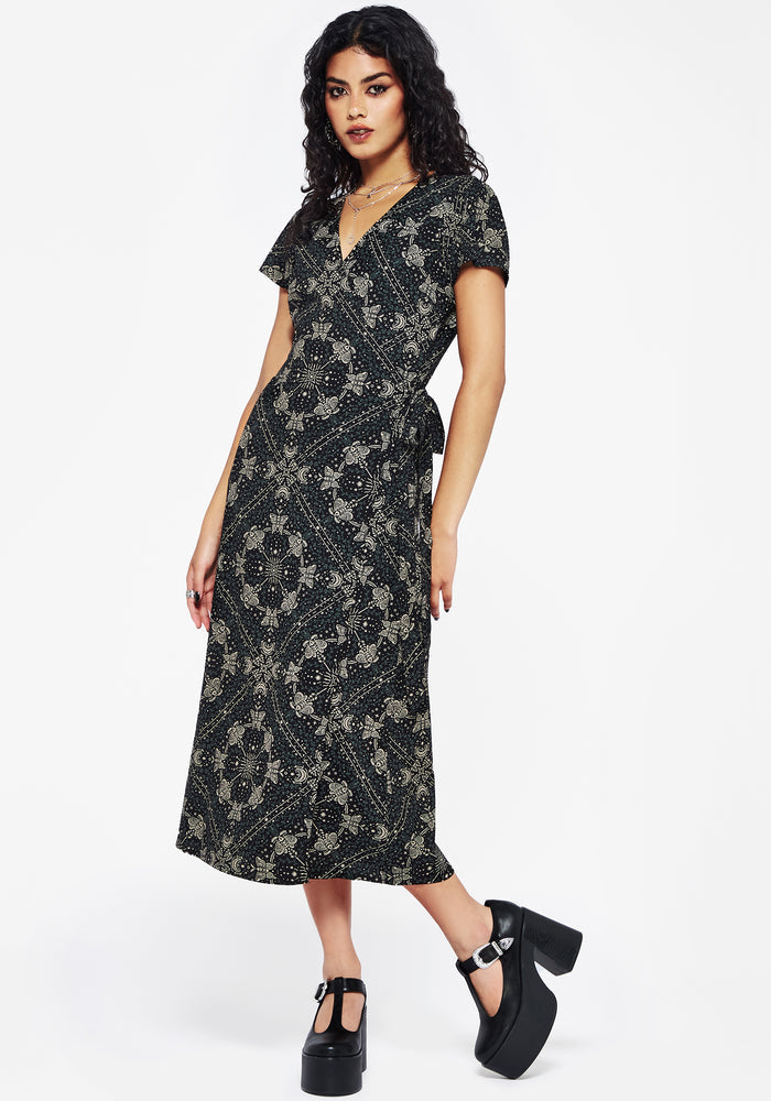 Poem Moth Printed Wrap Midi Dress