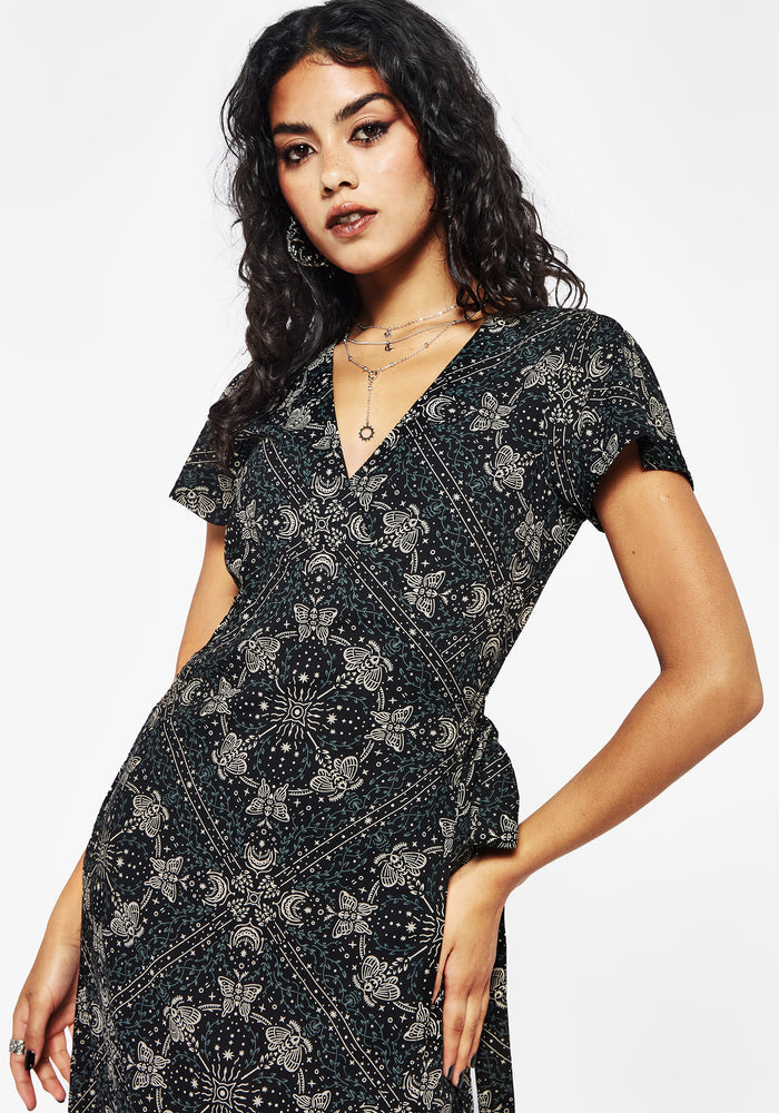 Poem Moth Printed Wrap Midi Dress