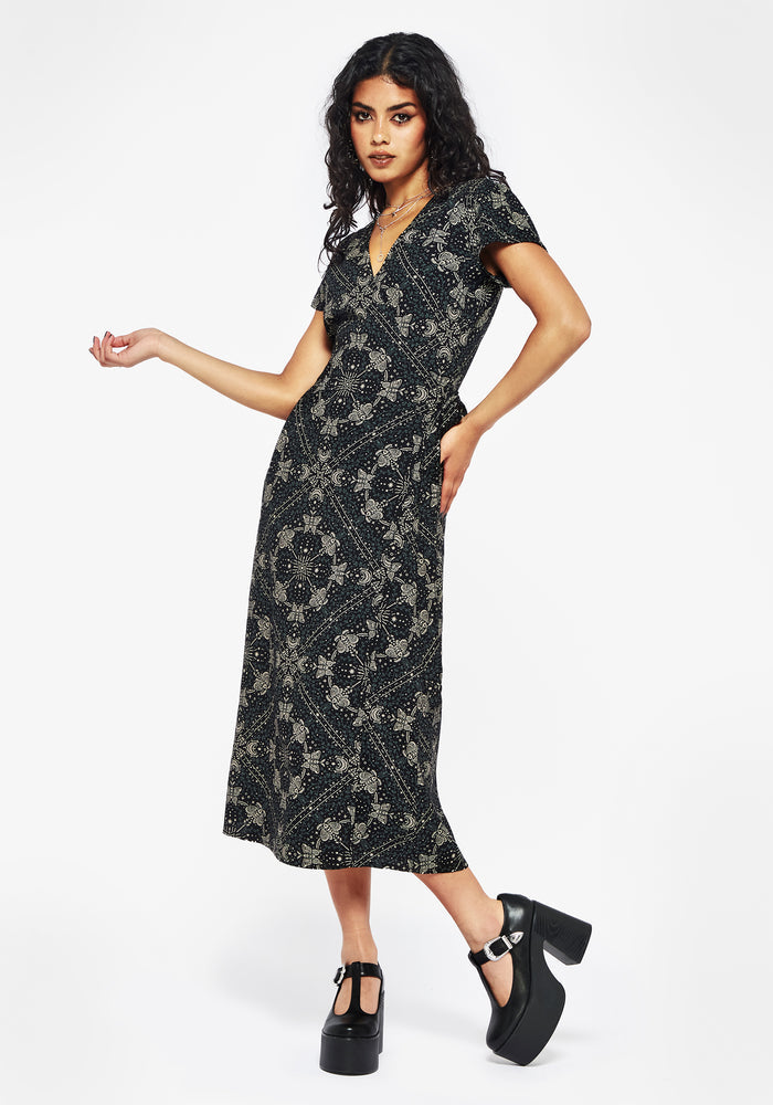 Poem Moth Printed Wrap Midi Dress