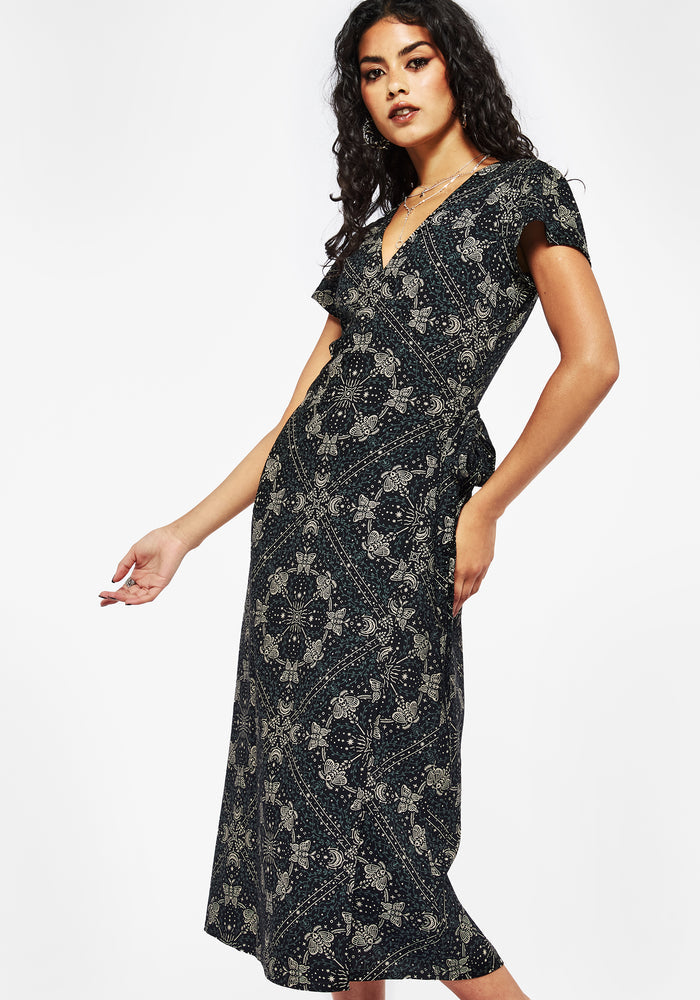 Poem Moth Printed Wrap Midi Dress