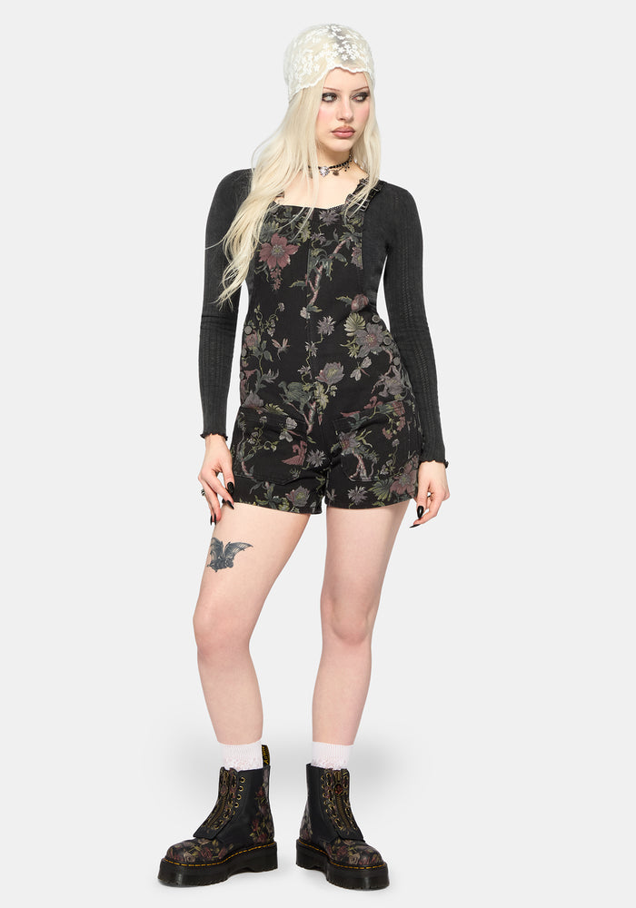Poison Eden Print Denim Dungaree Short US 2