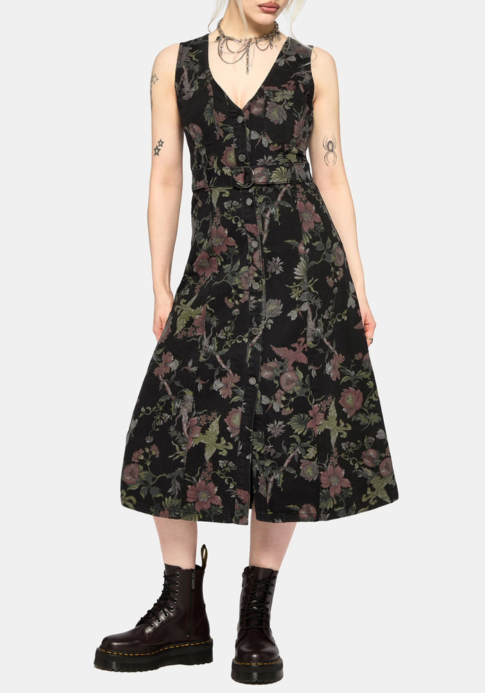 Poison Eden Print Denim Midi Dress