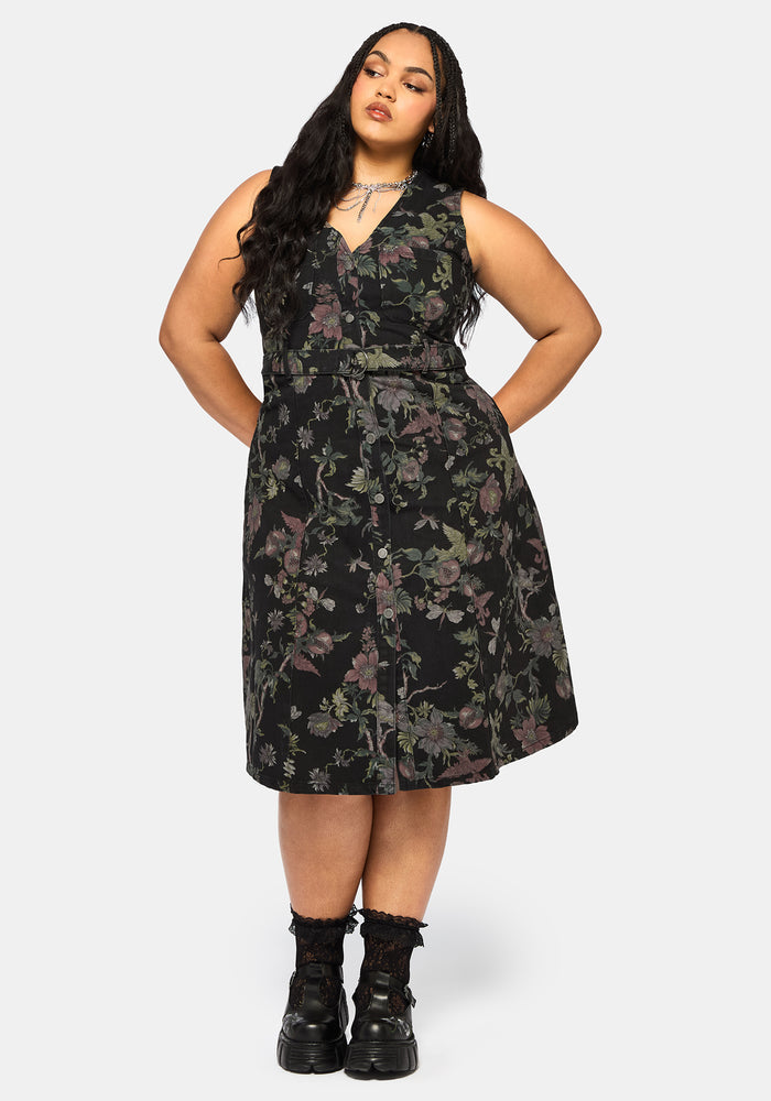 Poison Eden Print Denim Midi Dress