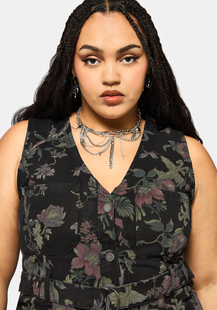Poison Eden Print Denim Midi Dress