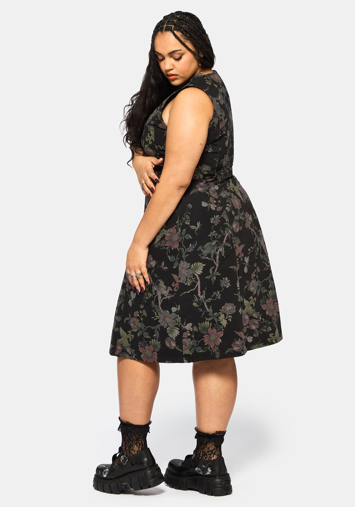 Poison Eden Print Denim Midi Dress