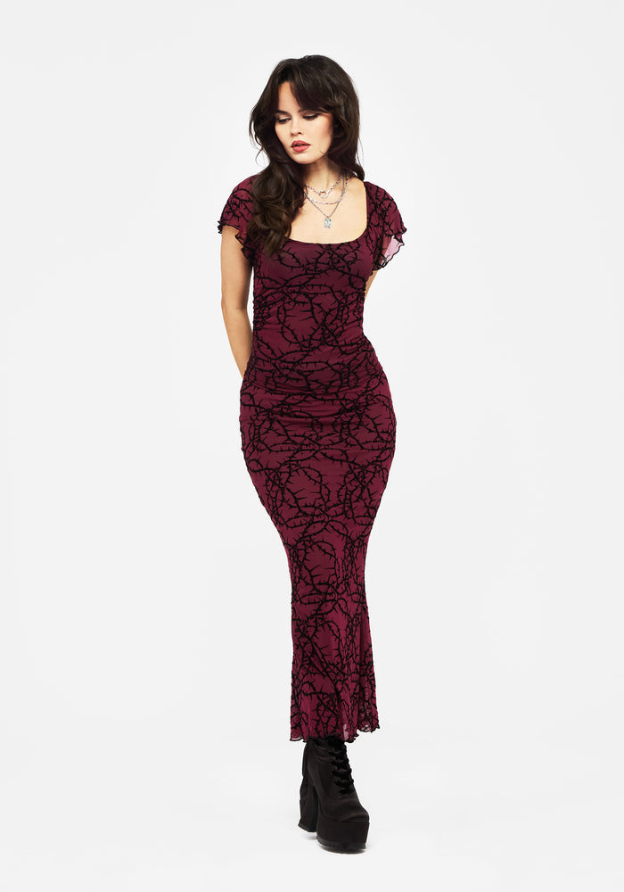 Prickle Thorn Print Mesh Cap Sleeve Top