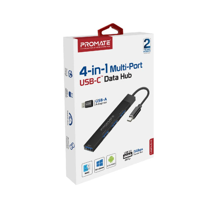 Promate LiteHub-4 4-in-1 Multi-Port USB-C Data Hub - Black