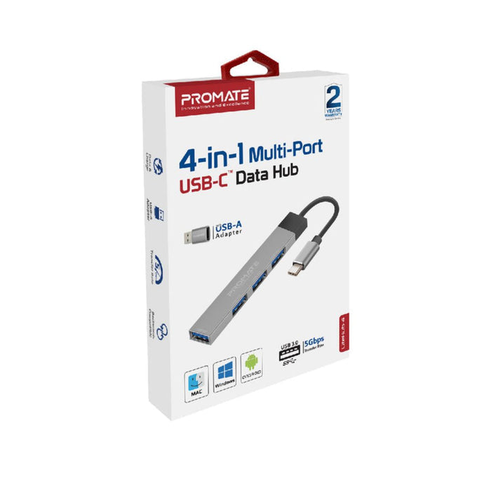 Promate LiteHub-4 4-in-1 Multi-Port USB-C Data Hub - Gray