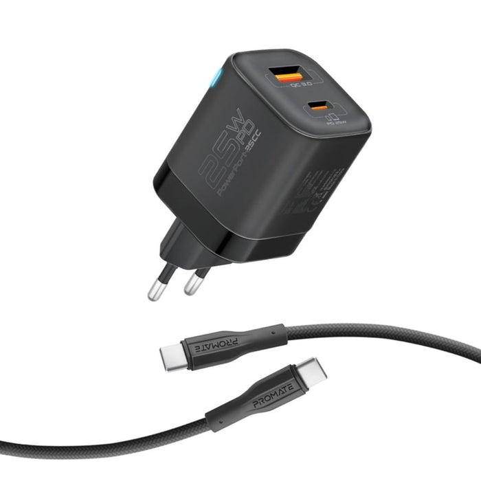 Promate PowerPort-25CC 60W USB-C 1USB-A Charger - Black