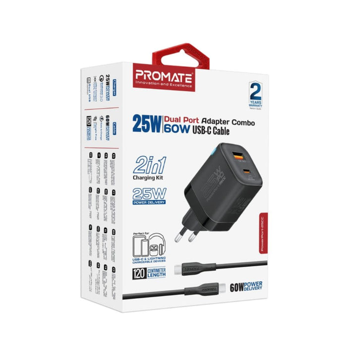 Promate PowerPort-25CC 60W USB-C 1USB-A Charger - Black