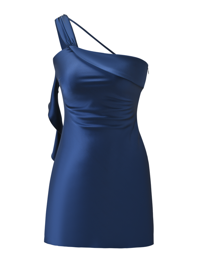 The RAINEY MINI DRESS - NAVY by TIGERMIST is a shiny navy blue mini dress with a fitted silhouette, one-shoulder satin design, and a single thin left strap, shown on a plain white background.