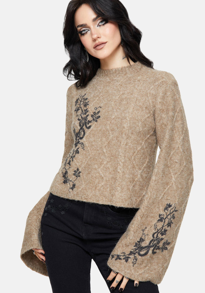 Ravelle Cotton Floral Printed Flare Cable Knit Sweater