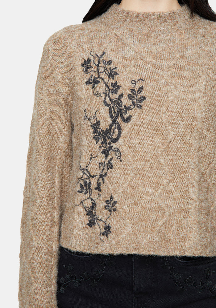 Ravelle Cotton Floral Printed Flare Cable Knit Sweater