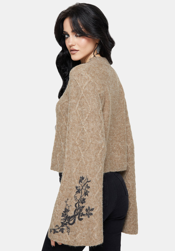 Ravelle Cotton Floral Printed Flare Cable Knit Sweater