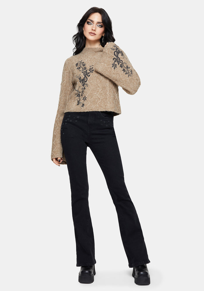 Ravelle Cotton Floral Printed Flare Cable Knit Sweater