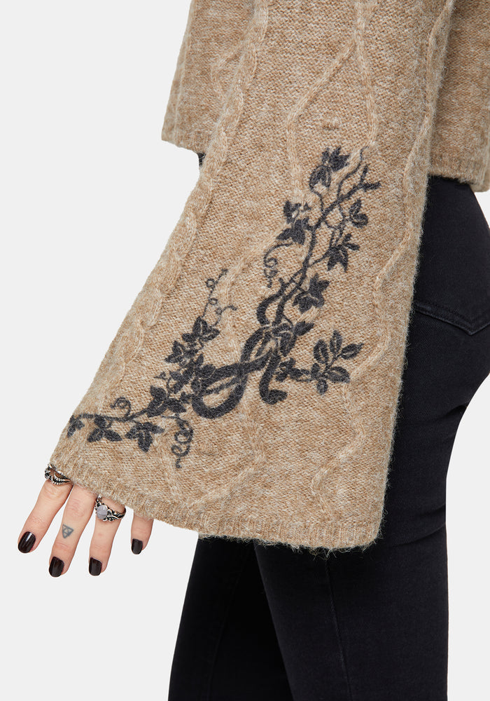 Ravelle Cotton Floral Printed Flare Cable Knit Sweater