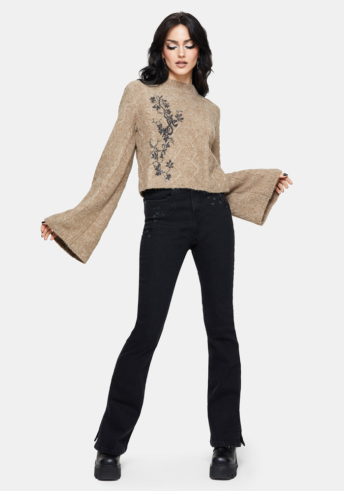 Ravelle Cotton Floral Printed Flare Cable Knit Sweater