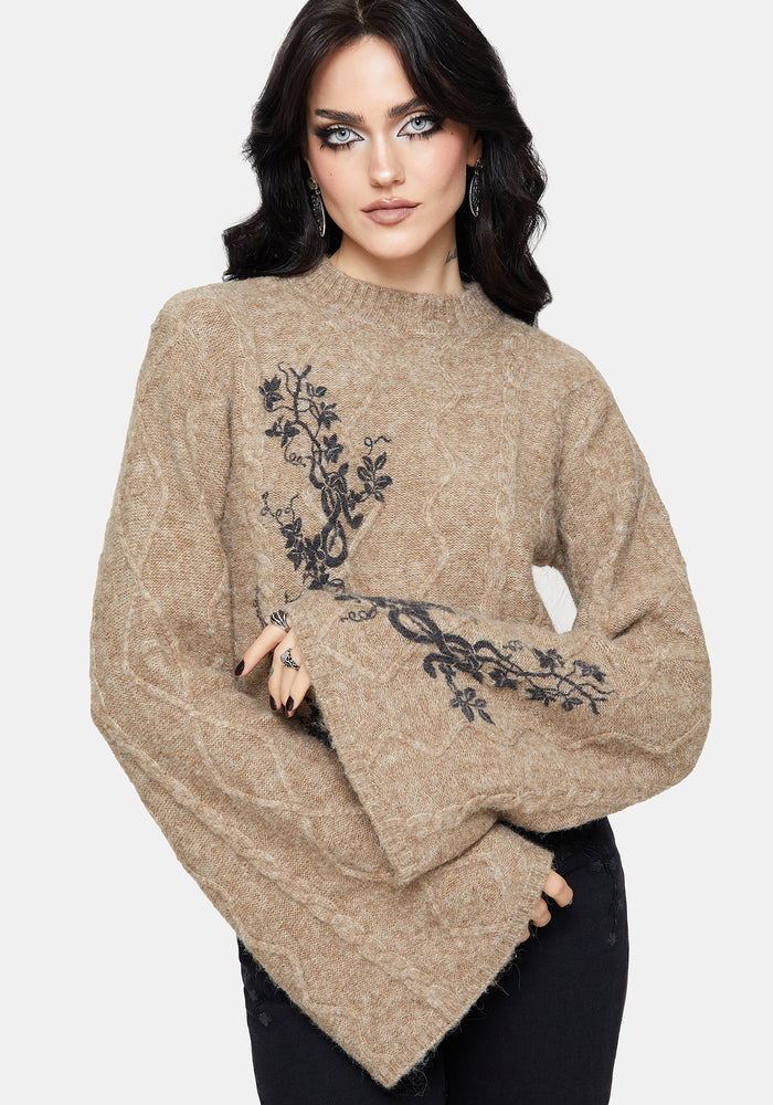 Ravelle Cotton Floral Printed Flare Cable Knit Sweater