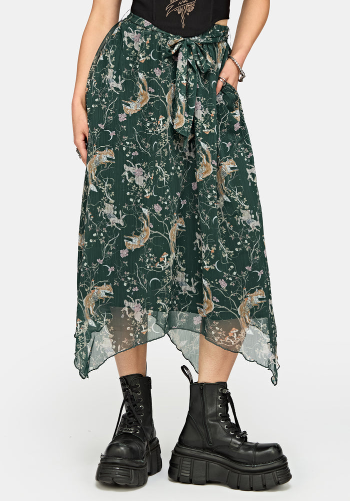 Renard Print Chiffon Hanky Hem Midi Skirt