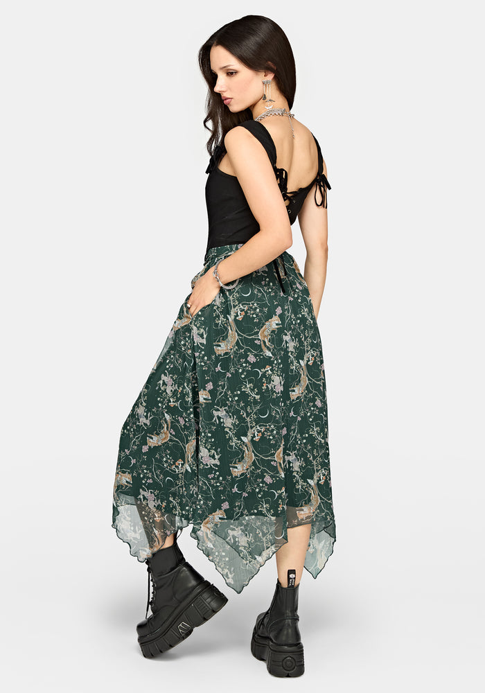 Renard Print Chiffon Hanky Hem Midi Skirt