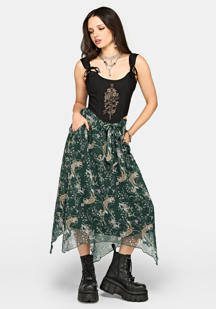 Renard Print Chiffon Hanky Hem Midi Skirt