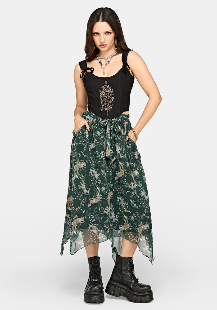 Renard Print Chiffon Hanky Hem Midi Skirt