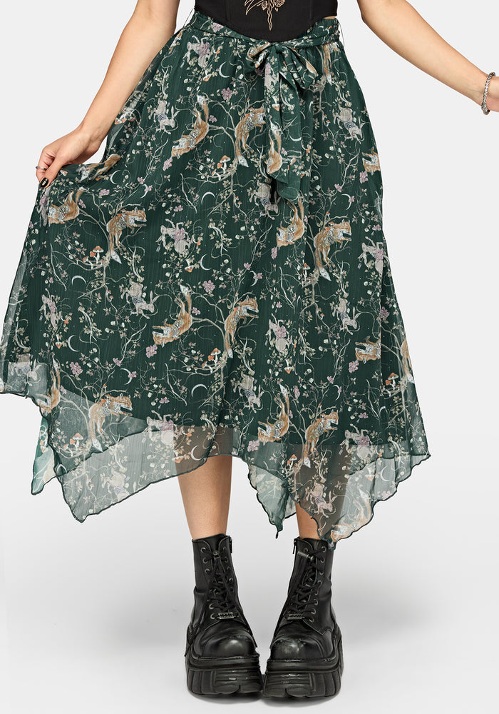 Renard Print Chiffon Hanky Hem Midi Skirt