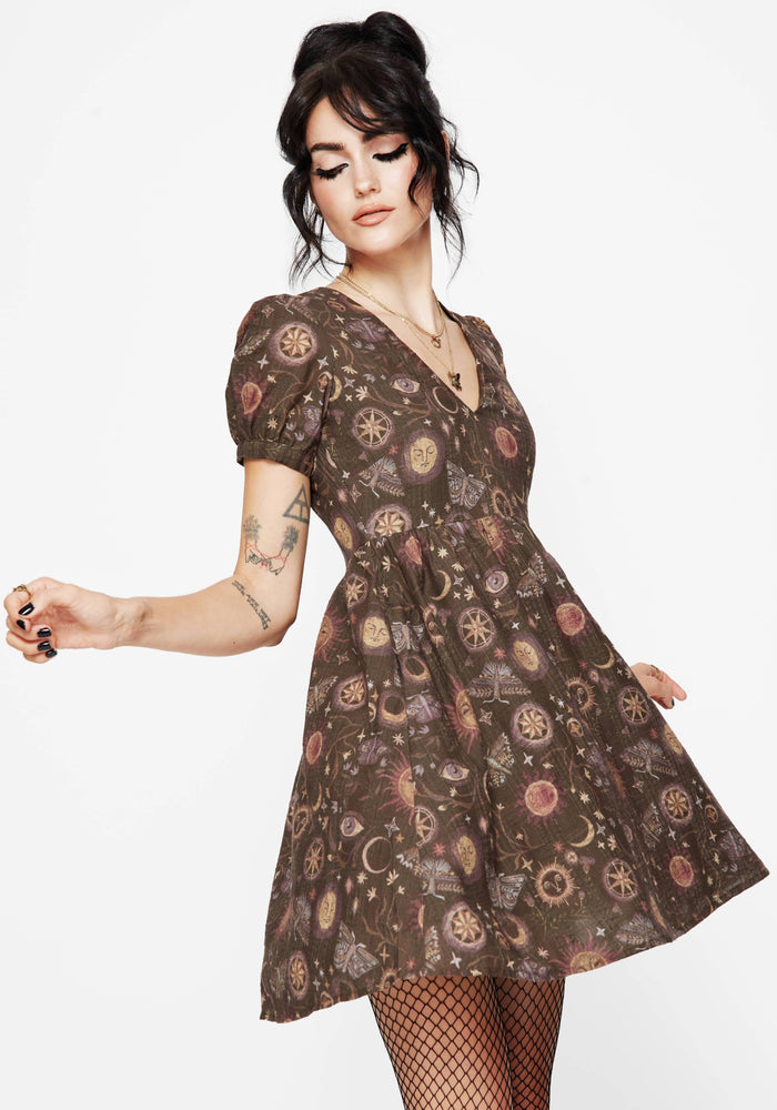 Rhea Cotton Blend Moth and Moon Print Mini Smock Dress