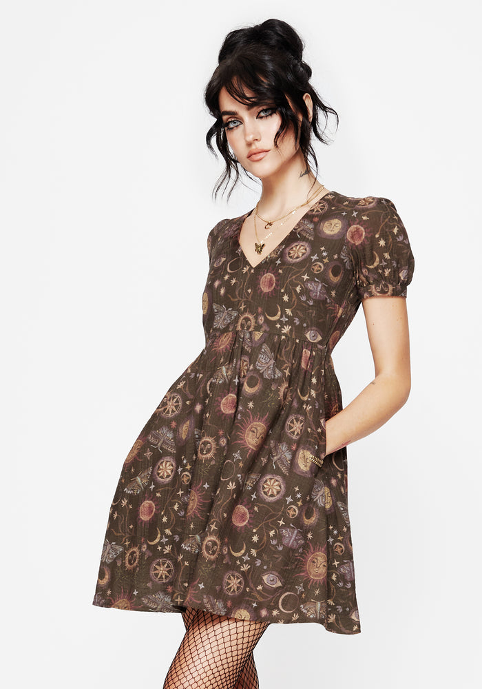 Rhea Cotton Blend Moth and Moon Print Mini Smock Dress