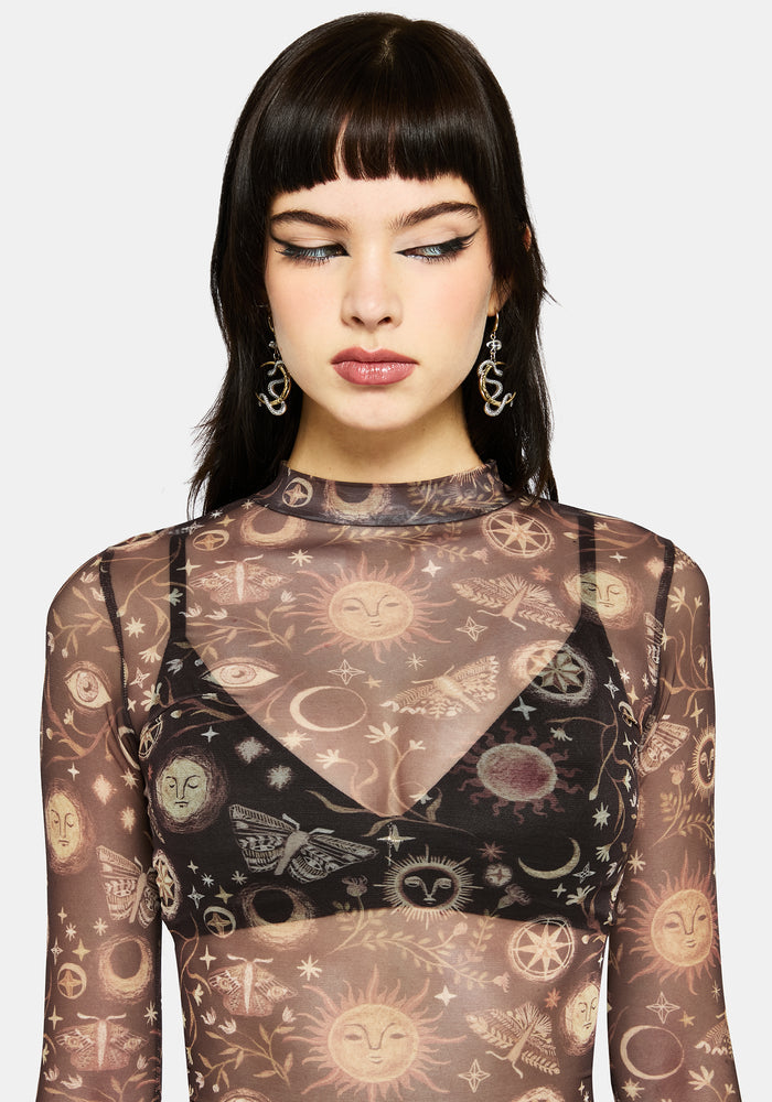 Rhea Long Sleeve Printed Mesh Top