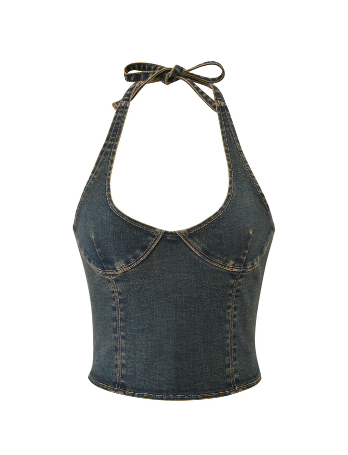 The RIONA TOP - MIDWASH by TIGERMIST is a denim corset halter with a sweetheart neckline, structured seams, neck tie strap, lace-up back, and slightly faded vintage-style fabric. Set against a plain white background.