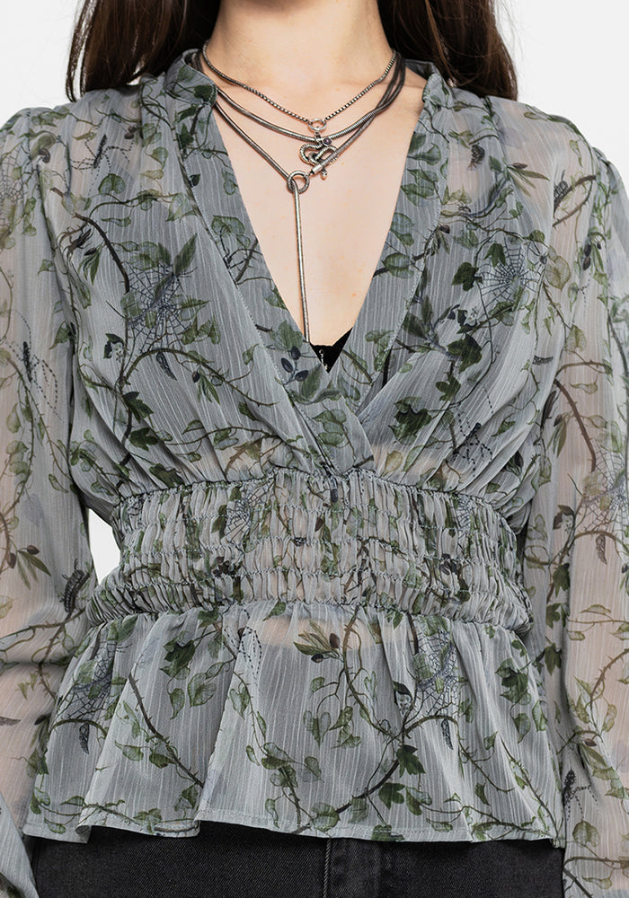 Rootweave Printed Chiffon Shirred Blouse