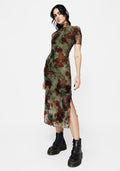 Rosaleigh Flock Velour Mesh Short Sleeved Midaxi Dress