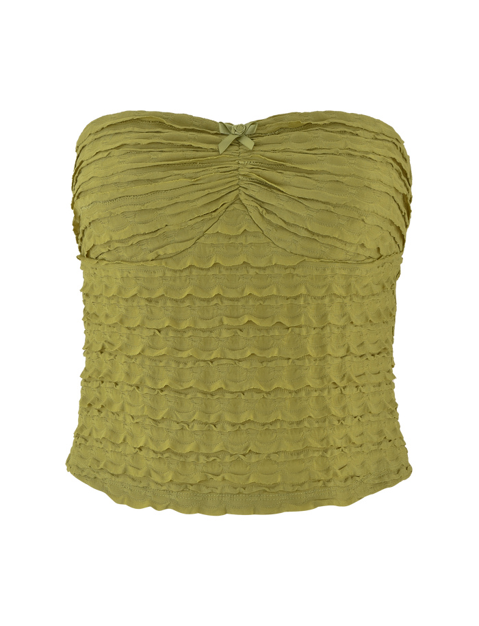 The ROSALYN TOP - GREEN by TIGERMIST is an olive green bandeau with horizontal ruffle layers and a dainty bow at the neckline, adding playful charm to your outfit.