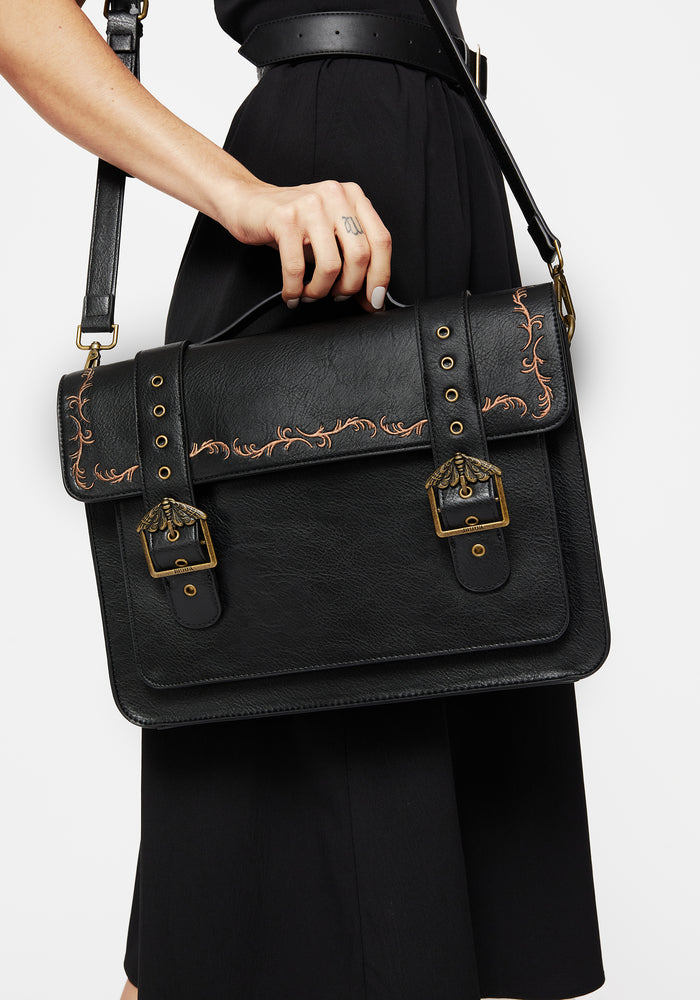 Rosamoth Buckle Vine Embroidered Satchel Bag - Black