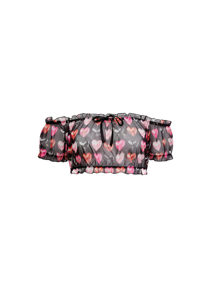 Ruched Mesh Crop Top-heartbreaker print-flat
