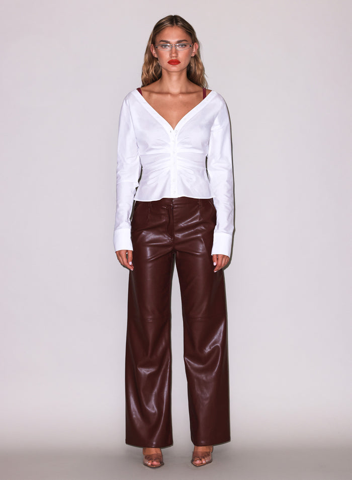 Ruched V-Neck Shirt-white