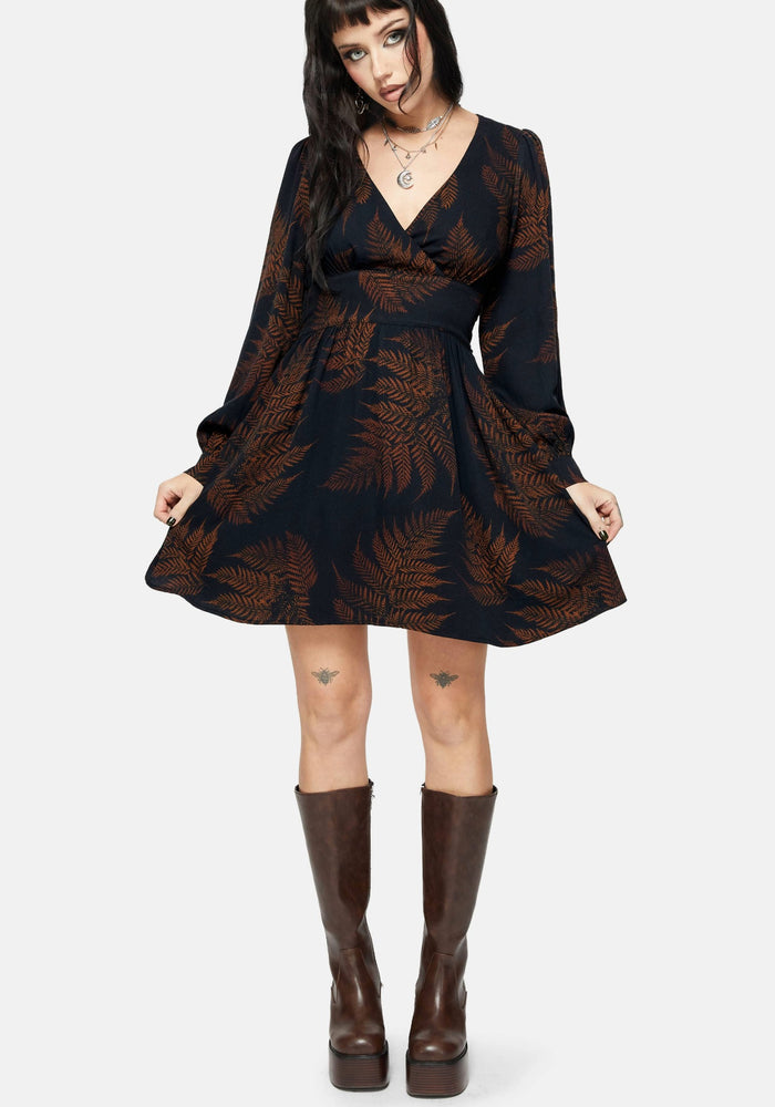 Ruin Fern Printed V-Neck Mini Dress - Brown