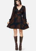 Ruin Fern Printed V-Neck Mini Dress - Brown