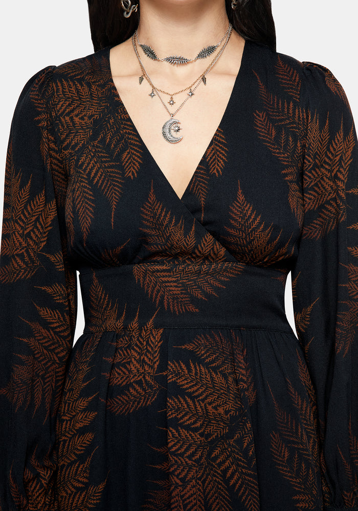 Ruin Fern Printed V-Neck Mini Dress - Brown