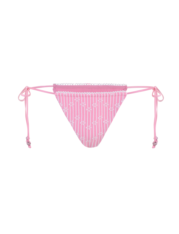 The TIGERMIST SAHRA BIKINI 2PC BOTTOM - PINK FLOWER STRIPE features textured rib fabric, beaded side string ties, and a scalloped top trim, shown against a white background.